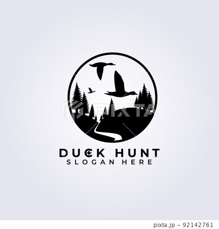 Duck hunter logo vector illustration design, duck hunt template logo, pine tree in black 92142761