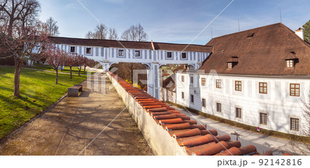 Connecting corridor, covered bridges between the Minorite Monastery and Historical Parks, Castle Cesky Krumlov, Czechia 92142816