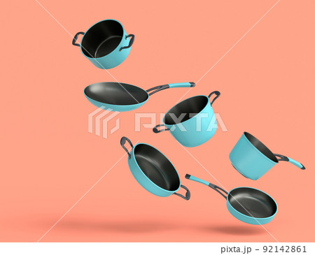 Set of flying stewpot, frying pan and chrome plated cookware on coral background Set of flying stewpot, frying pan and chrome plated cookware on coral background 92142861