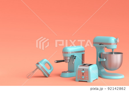 Espresso coffee machine, hand mixer, kettle and toaster on coral background. Espresso coffee machine, hand mixer, kettle and toaster on coral background. 92142862
