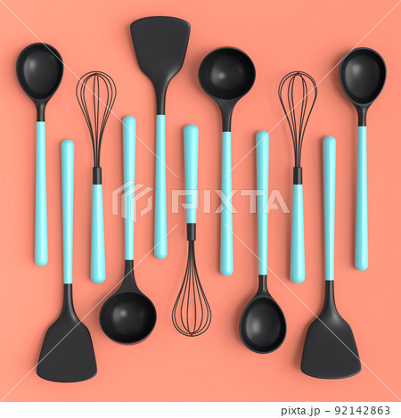Wooden kitchen utensils, tools and equipment on coral background. 92142863