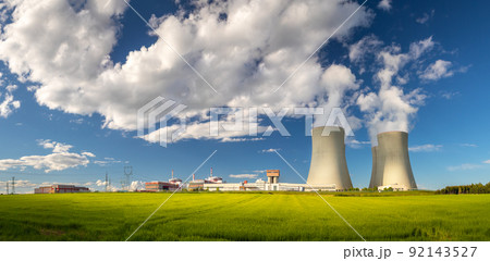 Nuclear Power Plant Temelin, Cooling towers with white water vapor in the landscape, Czech republic 92143527