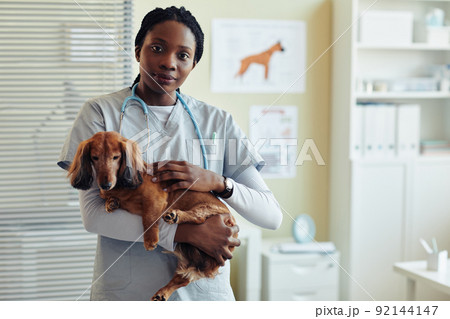 Black Young Woman Holding Dog in Vet Clinic 92144147