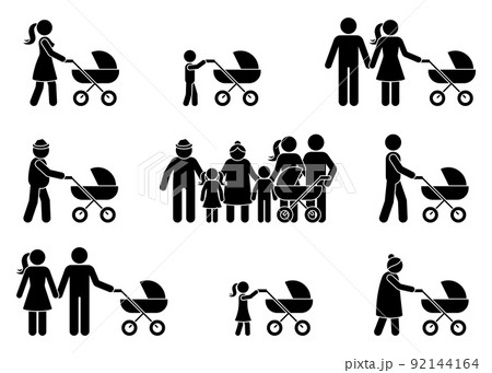 Stick figure family man, woman, grandpa, grandma with stroller. Stickman walking with baby carriage, perambulator, pram Stick figure family man, woman, grandpa, grandma with stroller. Stickman walking with baby carriage, perambulator, pram 92144164