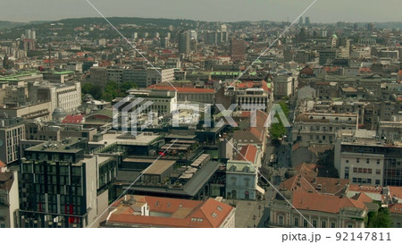 Aerial view of Old Town district and Knez Mihailova Street, the main pedestrian and shopping zone in Belgrade Aerial view of Old Town district and Knez Mihailova Street, the main pedestrian and shopping zone in Belgrade 92147811