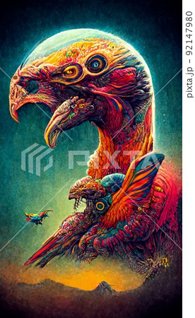 A fantasy portrait of an unusual bird in a fairy-tale elfin forest. Fabulous flower garden and cute fantasy birds. Concept of a colorful magic bird. Perfect for phone wallpaper or for posters. 92147980