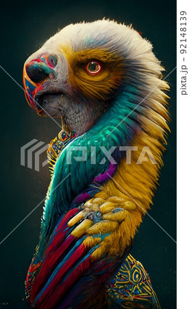 A fantasy portrait of an unusual bird in a fairy-tale elfin forest. Fabulous flower garden and cute fantasy birds. Concept of a colorful magic bird. Perfect for phone wallpaper or for posters. 92148139