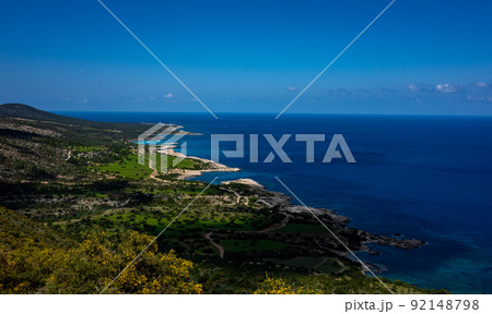 Green mountainous coast of the Mediterranean Sea on the Akamas Peninsula in the northwest of the island of Cyprus. Green mountainous coast of the Mediterranean Sea on the Akamas Peninsula in the northwest of the island of Cyprus. 92148798