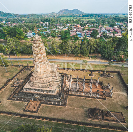 Aerial view of Wat Phra Sri Rattana Mahathat Rajaworaviharn temple and buddha in Si Satchanalai Aerial view of Wat Phra Sri Rattana Mahathat Rajaworaviharn temple and buddha in Si Satchanalai 92149792