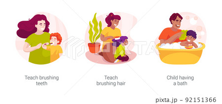 Personal hygiene and self-care skills at home isolated cartoon vector illustration set 92151366