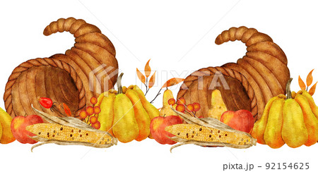 Watercolor hand drawn seamless horizontal border with cornucopia yellow pumpkings corn apple basket, fall autumn leaves. Thanksgiving frame background banner, october november harvest farm cottage art 92154625
