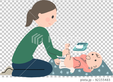 Mom changing baby diapers Mom changing baby diapers 92155483