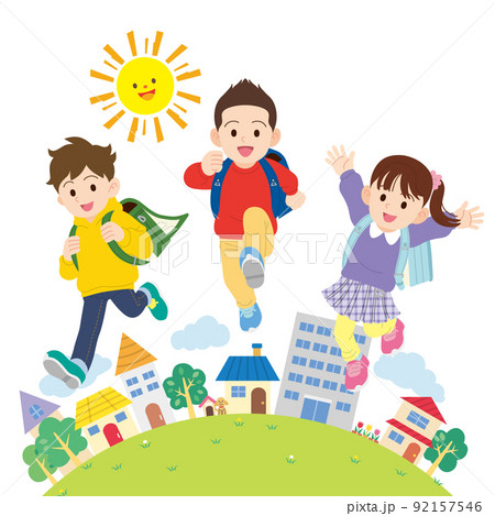 街と元気な小学生3人　輪郭線なし 92157546