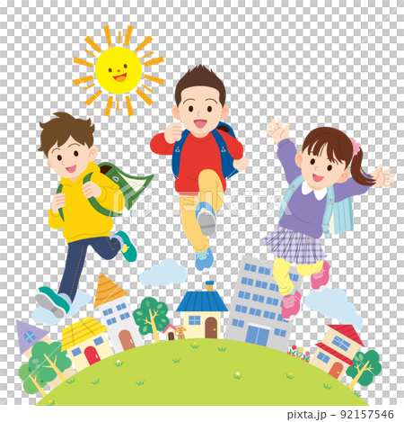 街と元気な小学生3人　輪郭線なし 92157546