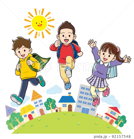 街と元気な小学生3人　輪郭線あり 92157548
