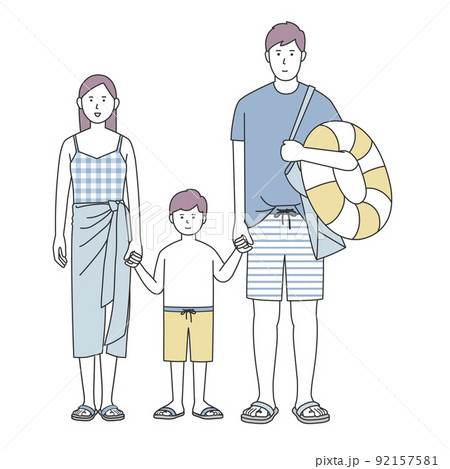 家族3人プールや海に出かけるのイラスト素材