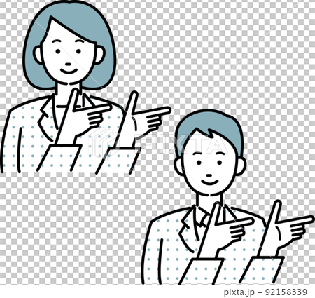 Illustration material set of men and women in suits pointing fingers to the right with both hands Illustration material set of men and women in suits pointing fingers to the right with both hands 92158339