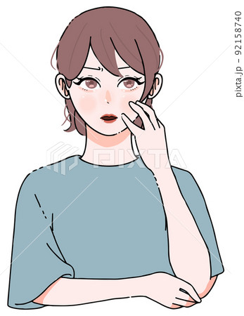 苛立ち怒っている女性のイラスト（頬を触っている） 92158740