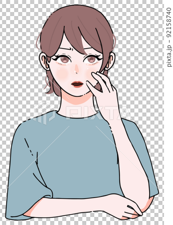苛立ち怒っている女性のイラスト（頬を触っている） 92158740
