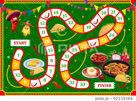 Kids board game, Mexican food characters vector tabletop or step puzzle worksheet. Dice step race game worksheet on start and finish with funny Mexican chili pepper, nachos and tacos in sombrero 92159368