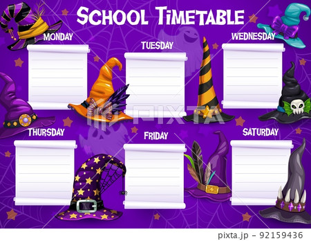 Halloween education timetable schedule, cobweb, ghosts witch and wizard hats, vector lessons plan. Kids school timetable schedule with spooky Halloween ghosts and witch hats with skull and spiders Halloween education timetable schedule, cobweb, ghosts witch and wizard hats, vector lessons plan. Kids school timetable schedule with spooky Halloween ghosts and witch hats with skull and spiders 92159436
