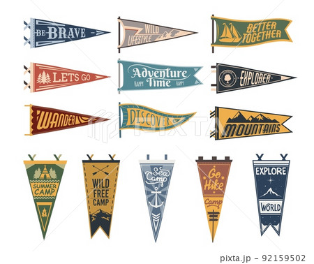 Camping pennant flags, camp pendants for adventure sport and travel hiking, vector. Varsity scout camping or university camper pennant flags, mountain tourism, campfire and sea camp anchor Camping pennant flags, camp pendants for adventure sport and travel hiking, vector. Varsity scout camping or university camper pennant flags, mountain tourism, campfire and sea camp anchor 92159502