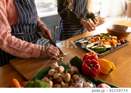 Image of midsection of caucasian mother and adult daughter preparing meal in kitchen Image of midsection of caucasian mother and adult daughter preparing meal in kitchen 92159774