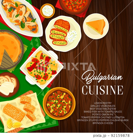 Bulgarian food, cuisine restaurant dishes and meals, vector menu cover. Bulgarian cuisine traditional lunch or dinner beef and vegetable stew, tomato onion pie and baked fish with sauce, cafe poster 92159878