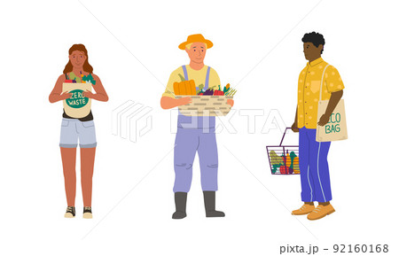 Vegans and organic food. Cartoon vegetarians with natural eco meal. Happy characters holding bags and baskets with vegetables. Healthy lifestyle. Grocery market. Vector veggies set 92160168