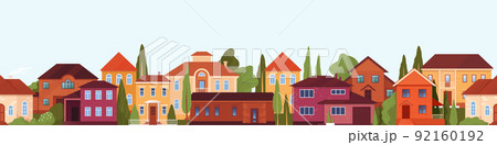 Street border, home pattern. Sale of residential or village, front of building construction, suburb rent, real estate. Isolated country houses facade. Vector seamless town background Street border, home pattern. Sale of residential or village, front of building construction, suburb rent, real estate. Isolated country houses facade. Vector seamless town background 92160192