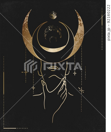 Boho celestial gold moon. Full star elements, retro alchemy sky, esoteric astrology planet, shine universe. Mystic woman portrait with golden texture, vector illustration isolated on black 92160222