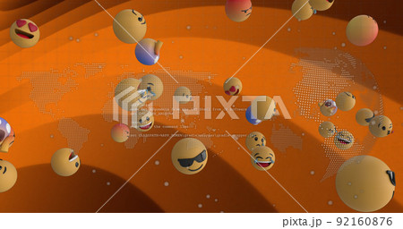 Image of world map and globe with data processing over emoji icons Image of world map and globe with data processing over emoji icons 92160876