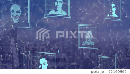 Image of data processing and people icons over cityscape 92160962