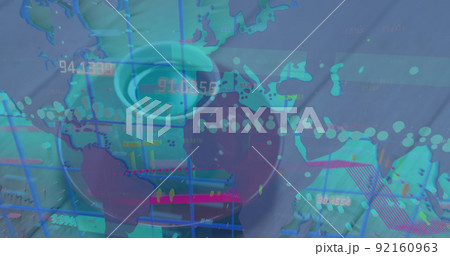 Image of graph and data processing over world map and coffee cup on desk Image of graph and data processing over world map and coffee cup on desk 92160963
