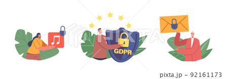 GDPR Policy, Data Protection, Privacy Concept. Tiny Characters with Huge Media File, Shield and Envelope with Padlock GDPR Policy, Data Protection, Privacy Concept. Tiny Characters with Huge Media File, Shield and Envelope with Padlock 92161173