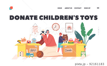 Toys Donation, Humanitarian Aid to Orphans Landing Page Template. Children and Volunteers Characters Sorting Toys Box 92161183