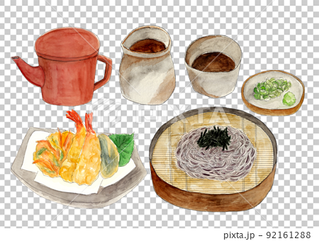 手描き水彩の天ぷら盛り蕎麦イラスト 92161288