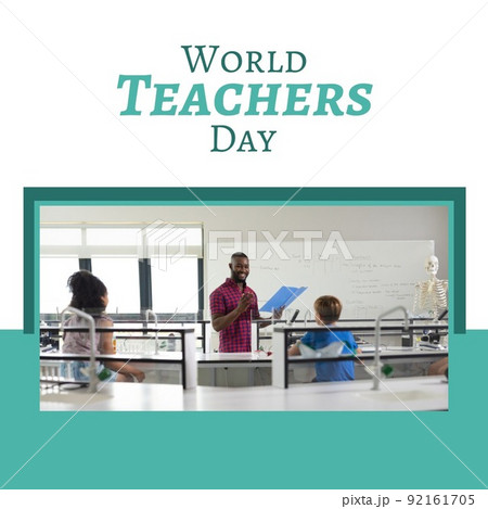 Square image of world teachers day text with picture of diverse group of pupils Square image of world teachers day text with picture of diverse group of pupils 92161705