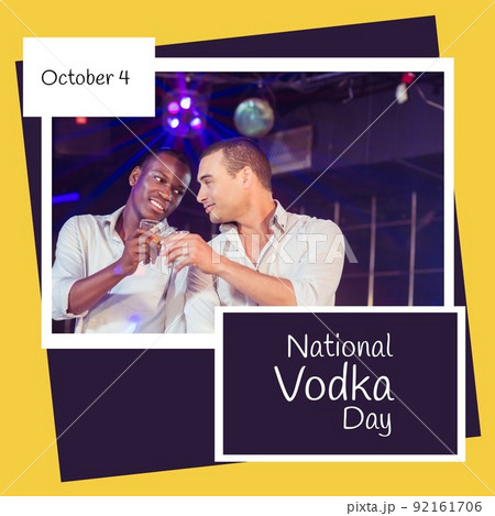 Square image of national vodka day with text with two diverse men drinking drinks Square image of national vodka day with text with two diverse men drinking drinks 92161706