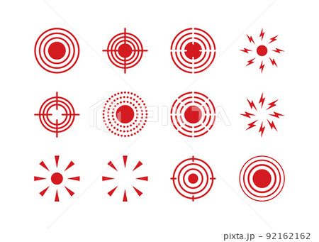 Pain point icons set. Pain red circles mark. Target spot symbols for medical design. Concept killer for headaches, abdominal aches. Editable stroke. Vector illustration isolated on white background 92162162