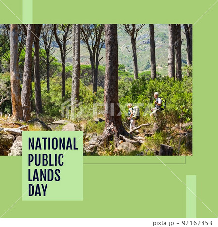 Composition of national public lands day text with caucasian couple hiking on green background 92162853