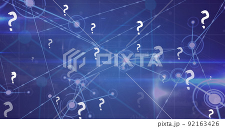 Image of question mark icons over network of connections on blue background Image of question mark icons over network of connections on blue background 92163426