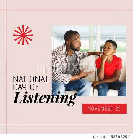 Image of national day of listening day text over african american father and son on beige background 92164002