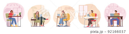 Set Men and Women Freelancers Characters Working from Home on Computers and Drink Coffee. Remote Workplace, Homeworking 92166037