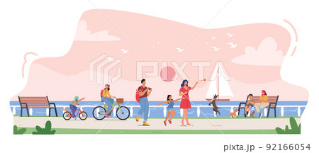 Happy Family Characters Walking along Embankment with Seaview and Floating Yacht. Parents and Children Spend Time 92166054