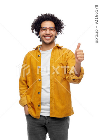 happy smiling man in glasses showing thumbs up happy smiling man in glasses showing thumbs up 92166178