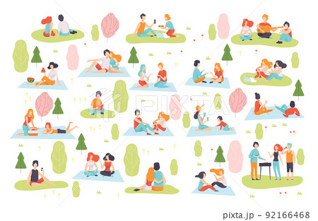 People Characters at Picnic Sitting on Grass and Blanket Enjoying Food and Nature Big Vector Set People Characters at Picnic Sitting on Grass and Blanket Enjoying Food and Nature Big Vector Set 92166468