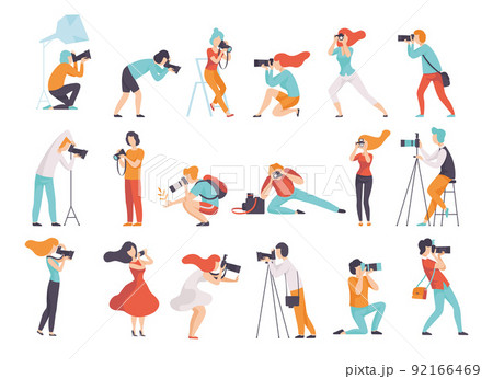 Professional People Photographer with Camera in Different Pose Taking Photo Shots Vector Set Professional People Photographer with Camera in Different Pose Taking Photo Shots Vector Set 92166469