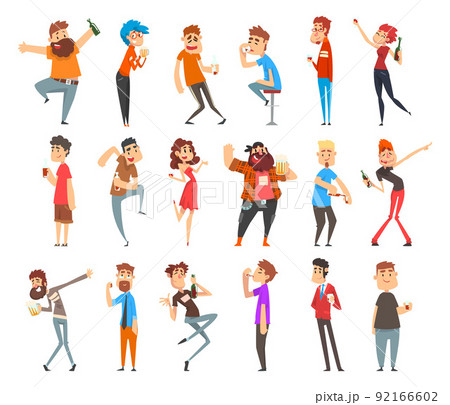 People Characters Drinking Alcohol with Wineglass and Beer Mug Vector Set 92166602