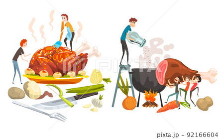 Small Man Cooking Giant Food with Turkey on Plate and Pot on Burning Fire Vector Set 92166604